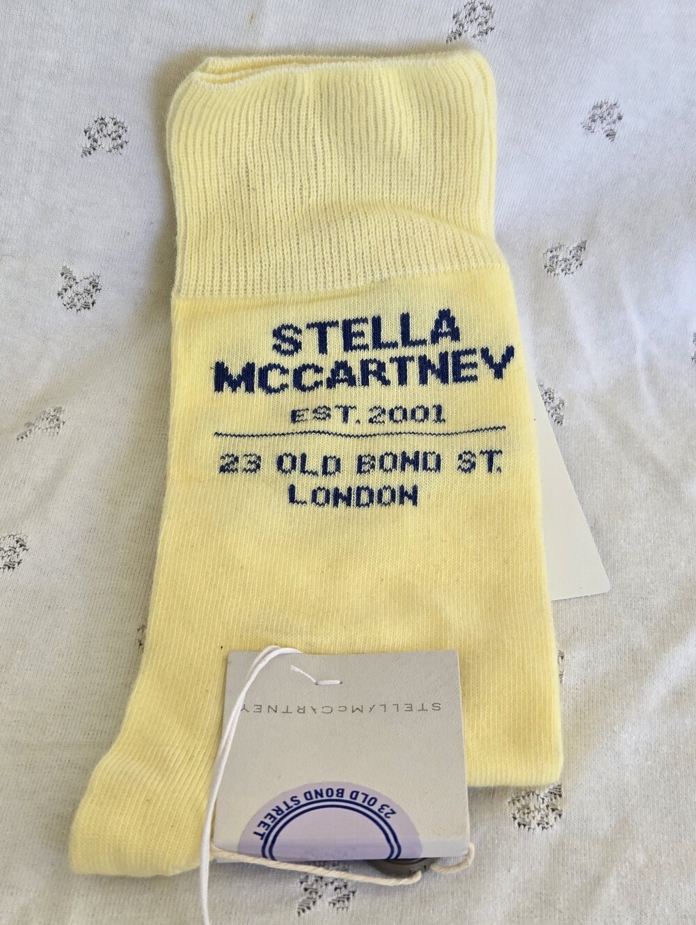 NWT Stella McCartney Yellow Crew Socks with Navy Logo 23 Old Bond St. London Med